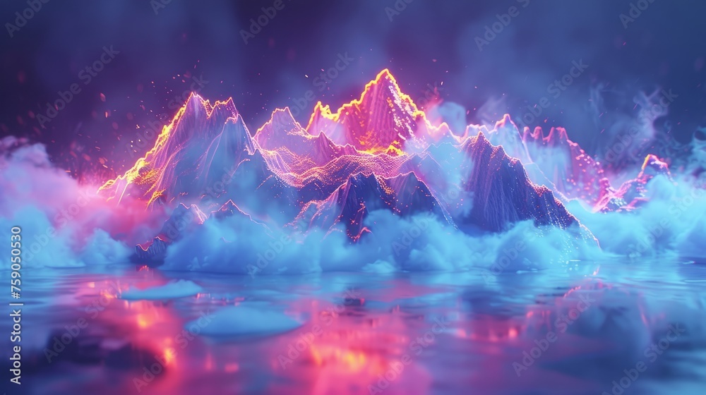 Mystical mountain range mirrored in a still lake. Smoke and mist create a holographic unicorn dreamscape