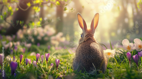 Back view of peaceful rabbit sitting on a flower meadow with blooming crocuses and sunshine in the trees. Beautiful natural image for spring and easter concepts.
