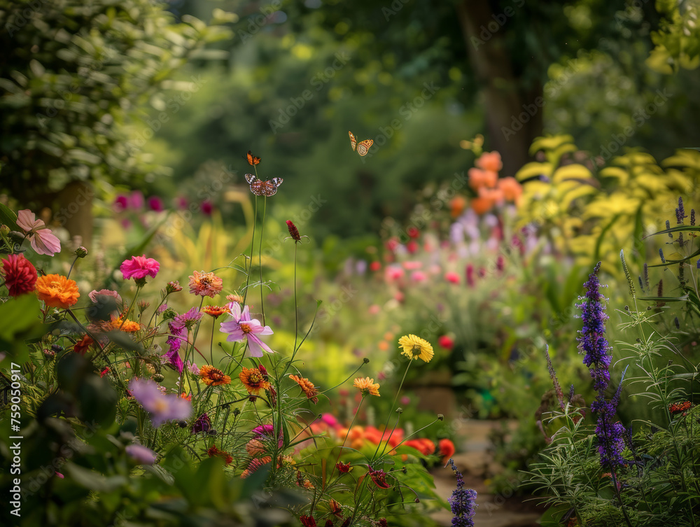 A calming depiction of a pathway through a garden, dotted with colorful flowers and delicate butterflies