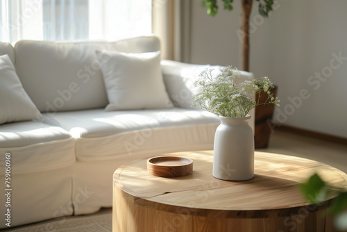 Crisp Comfort: Pristine White Sofa and Wooden Coffee Table