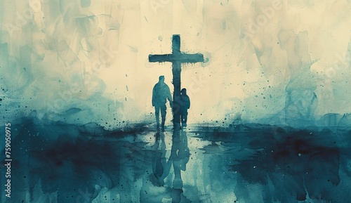 a painting of two people walking with a cross