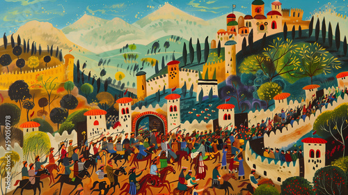 The Battle of Jericho. The walls of Jericho collapsing as the Israelites march around them