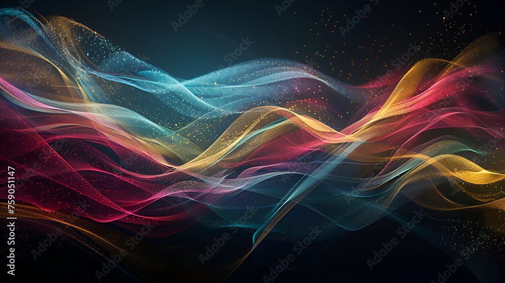 abstract blue and red waves on black background with glittering stars
