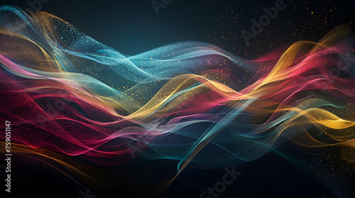 abstract blue and red waves on black background with glittering stars 
