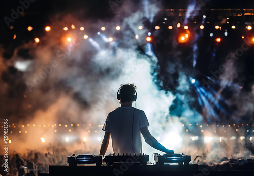 DJ during a big concert. Experienced DJ with large console on a stage in front of the crowd. Lights, emotions, energy and music. Protagonist, from behind, unrecognizable, silhouette, colored lights