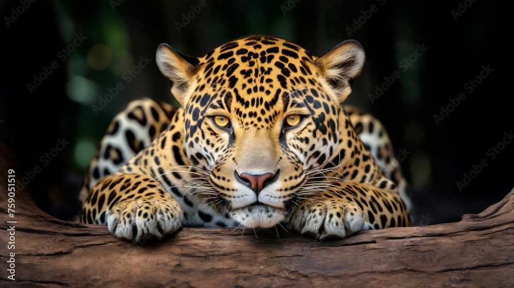 Portrait of a jaguar lying on a tree in the Amazon jungle