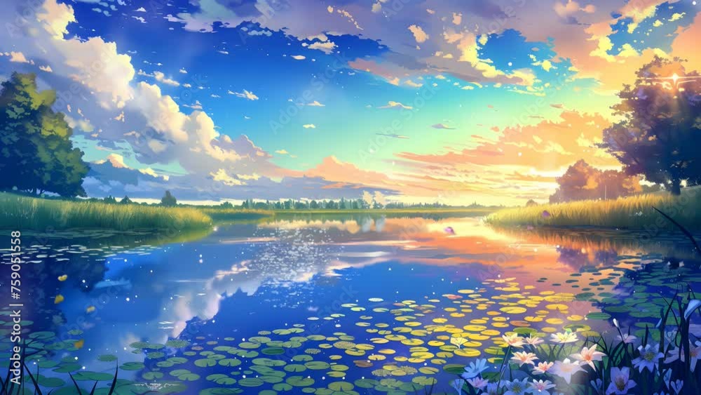 Idyllic Lake Scene with Blossoming Trees and Flowering Meadows, Capturing the Essence of Serenity. Seamless Looping 4k Video Animation Idyllic Lake Scene with Blossoming Trees and Flowering Meadows, Capturing the Essence of Serenity. Seamless Looping 4k Video Animation