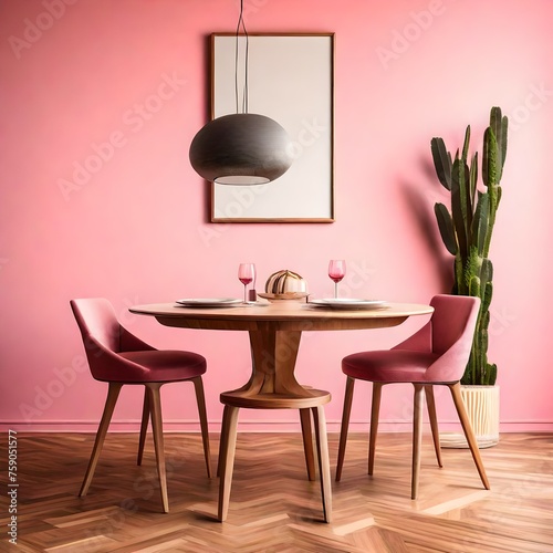 Wooden chairs near dining table against pink wall. Art deco interior design of modern dining room.