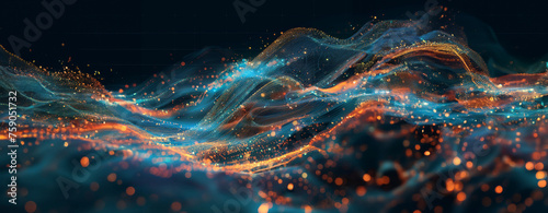 Abstract background. Banner size, Digital, technological, neural networks, AI. Energy waves, connection points, science fiction, space, colored lights. Complementary colors. photo