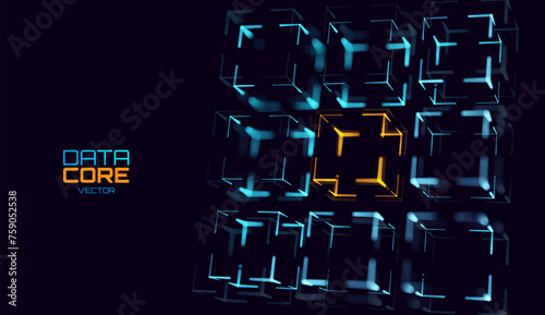 Big Data 3D Cube. Quantum Computer CPU Core Virus Concept Background. Red Cube Inside Blue Block. 3D Blockchain Cube Blocks Concept. Data Sorting. Artificial Intelligence HUD Design Element.