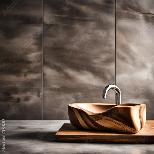 Natural wood vessel on rustic live edge counter against concrete tile wall. Minimalist interior design of modern bedroom.