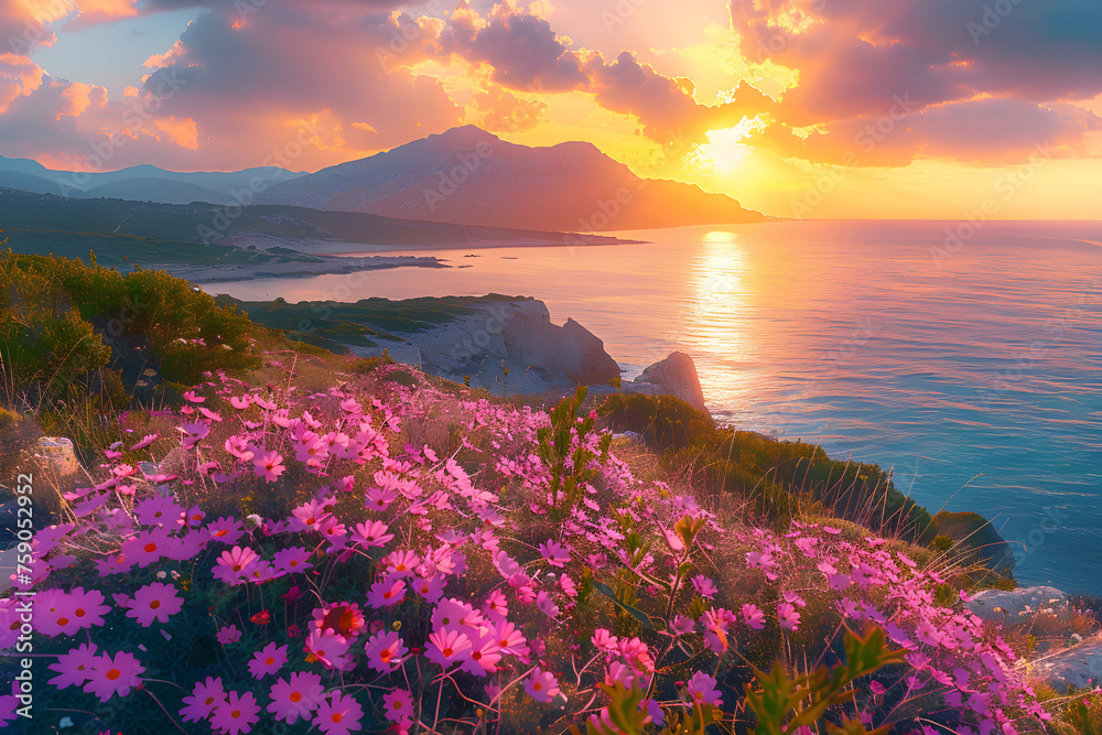 Beautiful spring scenery of Sardinia, Italy with a fantastic sunrise on Del Sinis Peninsula. A colorful and vibrant seascape of the Mediterranean Sea. - obrazy, fototapety, plakaty 