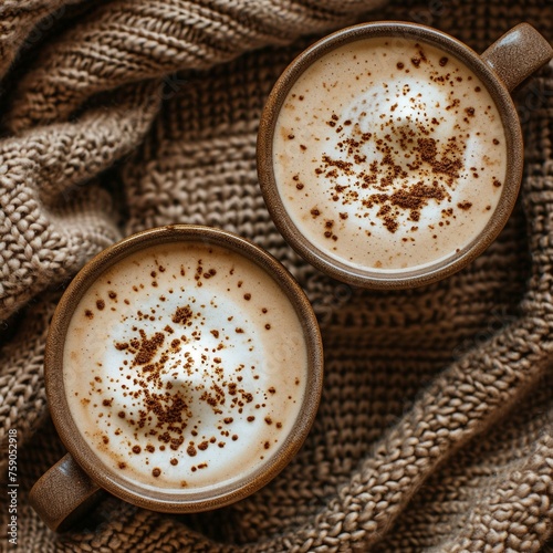 Two cups of coffee crema with chocolate powder