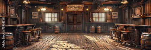 Wild West Saloon with Swinging Doors, Barrels, and Poker Tables. Western Drama Set.