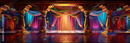 Bollywood Film Set with Colorful Fabrics, Ornate Pillars, and Dancing Stage. Indian Cinema Set