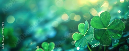 Detail of a green clover in wide banner shape. Patrick's Day theme.