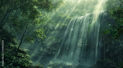 A towering waterfall cascading amidst a misty jungle  evoking a sense of mystery and exploration