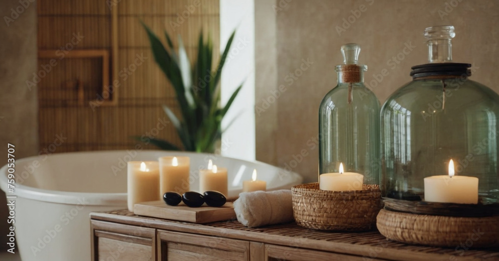 A tranquil bathroom setting with a white freestanding bathtub surrounded by lit candles, contributing to a soothing ambiance. The room is further adorned with a wooden cabinet.