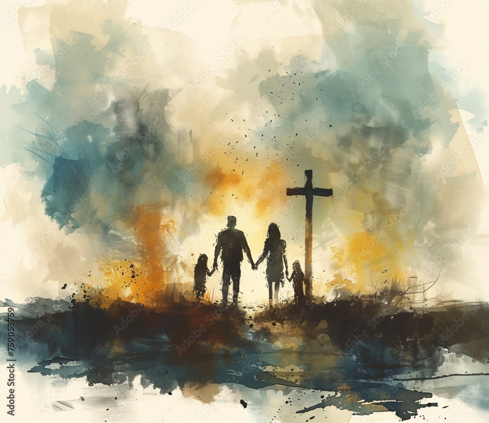a group of people holding hands and standing in front of a cross