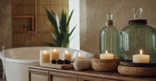 A tranquil bathroom setting with a white freestanding bathtub surrounded by lit candles, contributing to a soothing ambiance. The room is further adorned with a wooden cabinet.