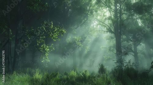 An enchanting view of sunbeams breaking through the dense forest foliage creating a magical atmosphere