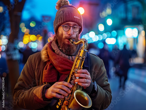 An anonymous street musician captured playing saxophone on a bustling city street at night time, with bokeh lights
