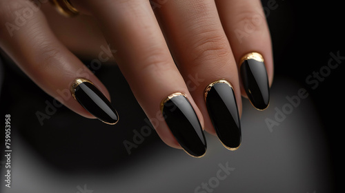 Nail art, Close-up of hand with black matte nail polish and geometric design. Beauty and fashion concept for design and print
