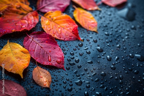 Yellow and red autumn vibrant leaves on wet black background with copyspace, changing climate.