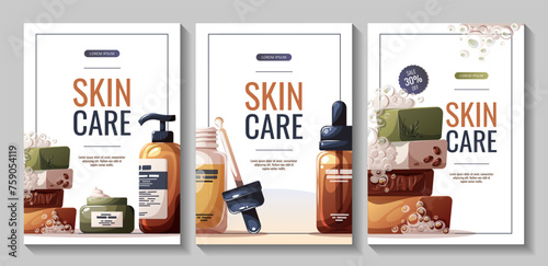 Set of flyers with beauty creams,  soap, serum. Beauty, skin care, hair care, cleansing, cosmetics concept. Vector illustration for banner, promo, poster.