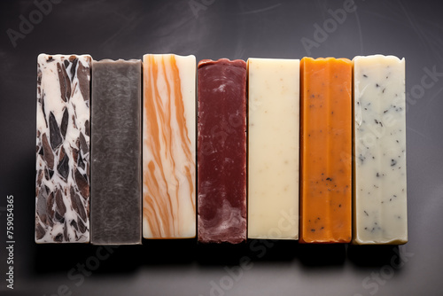 Multi-colored natural handmade soap bars on a dark gray background, top view.