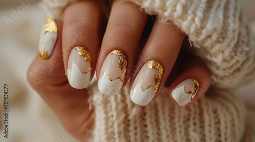Nail art, Hand with white nails and gold foil accents. Elegant nail art design for luxury fashion and beauty concept