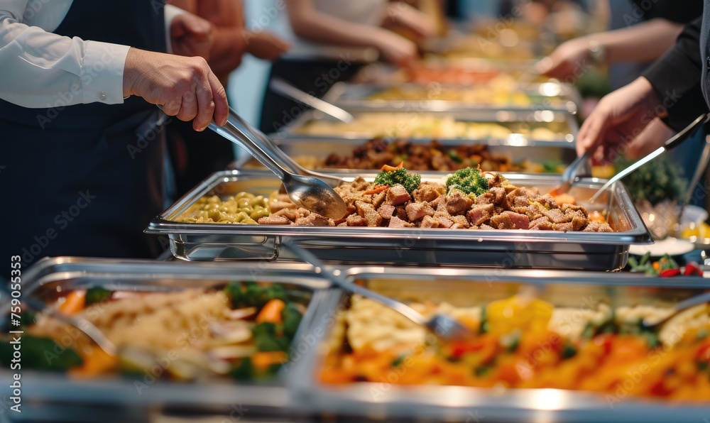 Obraz premium People hands on catering buffet food with grilled food.