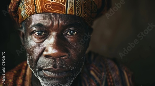 Close-up portrait of an aged man with a thoughtful, deep gaze, wearing a traditional African head wrap