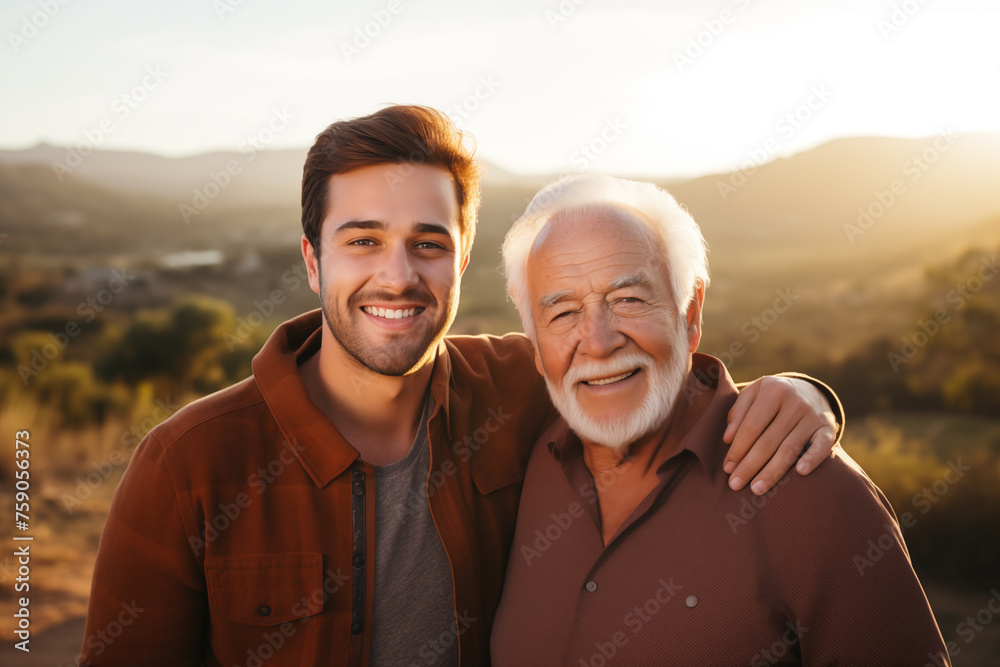 portrait of mature man with senior father sharing a smile. portrait of mature man with senior father sharing a smile.