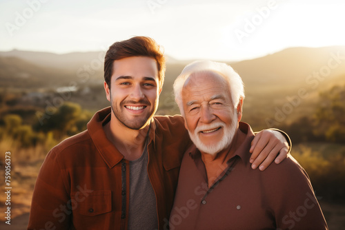 portrait of mature man with senior father sharing a smile.