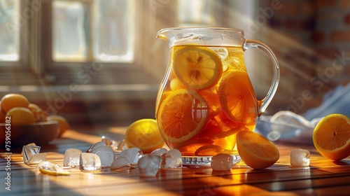 a pitcher of ice tea with lemons and ice