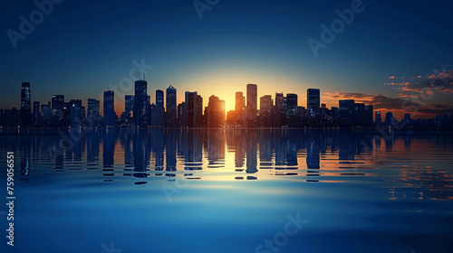 City skyline at sunset with the golden light reflecting in the water, highlighting the skyscrapers