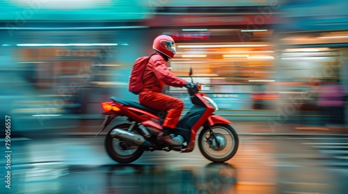 A vibrant image capturing the exhilarating speed of a motorcyclist in motion against a city blur backdrop photo