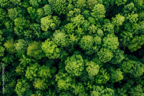 Aerial view of green trees in the forest. Dense green trees absorb carbon dioxide. Green tree nature background carbon neutral and net zero emission concept. © SHI