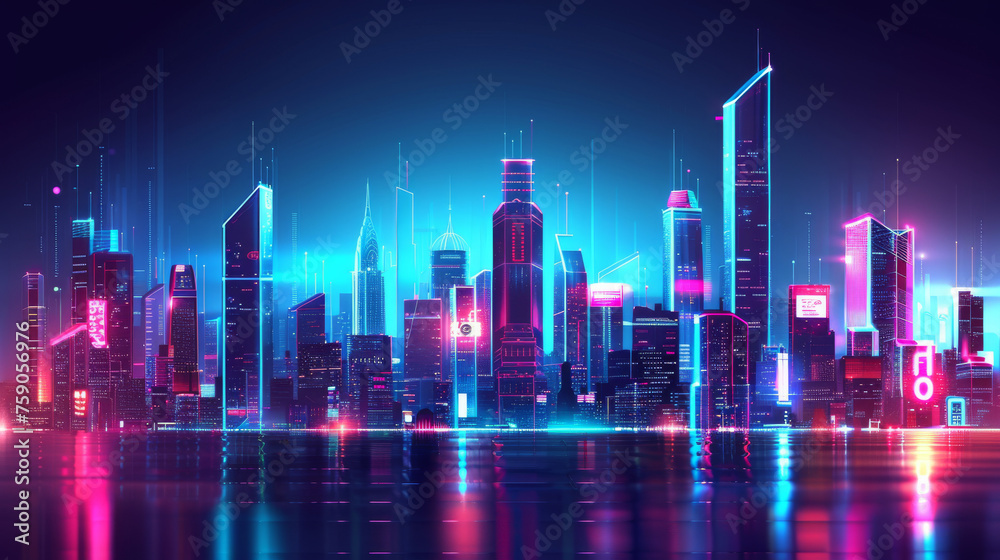 A vibrant and colorful representation of a futuristic cityscape illuminated with neon lights and reflections on water