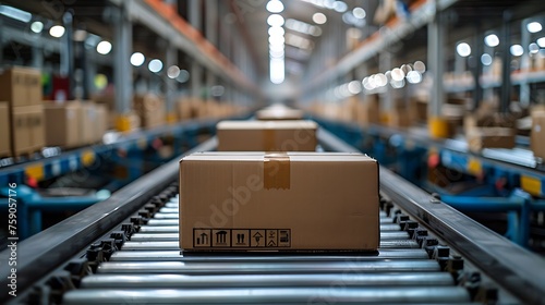 Photo of carton boxes on conveyor belt in warehouse, e commerce processed the order, depthoffield, professional photography, high resolution digital camera