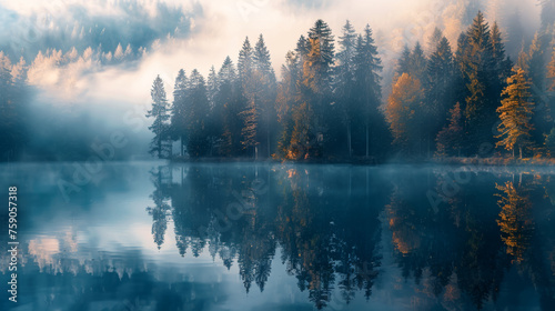 A captivating forest scene reflecting on a tranquil lake during a misty morning, creating a peaceful and mystical atmosphere © Daniel