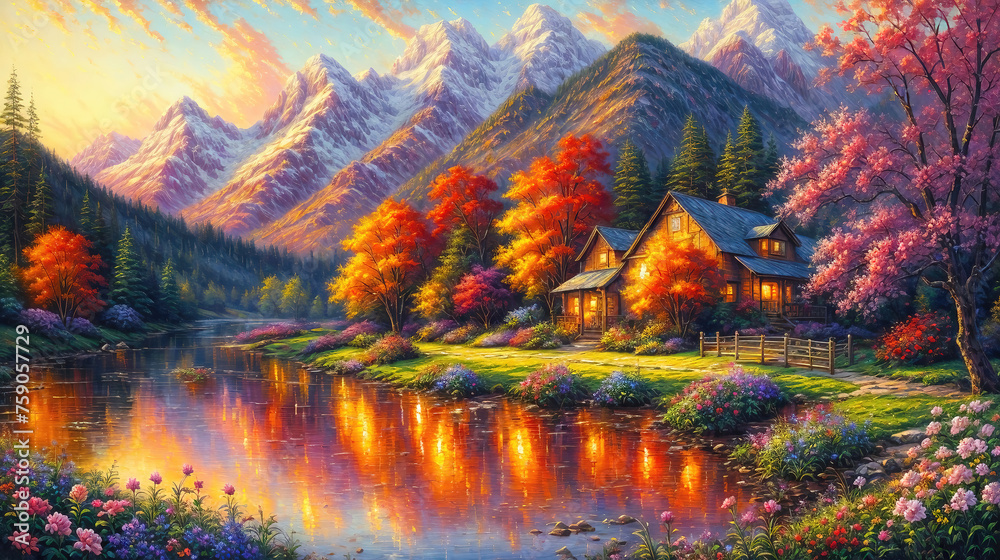 Idyllic countryside summer landscape with wooden old house near river, beautiful flowers and trees with mountains in the background, oil painting illustration. - obrazy, fototapety, plakaty 