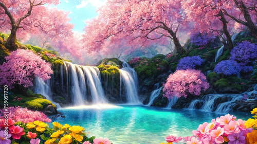 A beautiful paradise land full of flowers,  sakura trees, rivers and waterfalls, a blooming and magical idyllic Eden garden photo