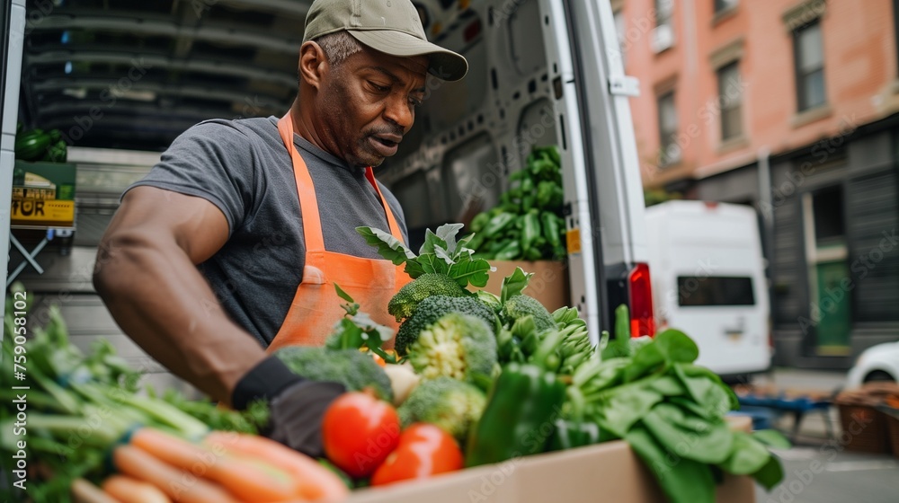 A local farmer is delivering a variety of fresh, organic produce including vegetables, greens, and fruits directly to customers doors in a branded delivery van, emphasizing farm-to-table freshness. A local farmer is delivering a variety of fresh, organic produce including vegetables, greens, and fruits directly to customers doors in a branded delivery van, emphasizing farm-to-table freshness.
