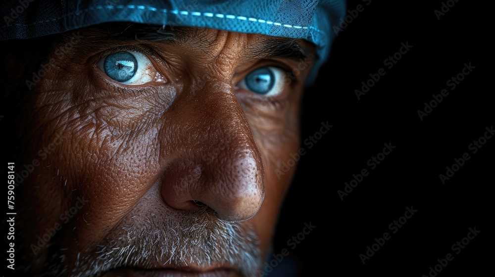 Obraz premium Highly detailed close-up of a surgeon's eye, revealing focus and intensity, set against the blue of the surgical cap.