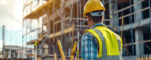 Worker in hard helmet and green vest making or installing scaffold on building side.