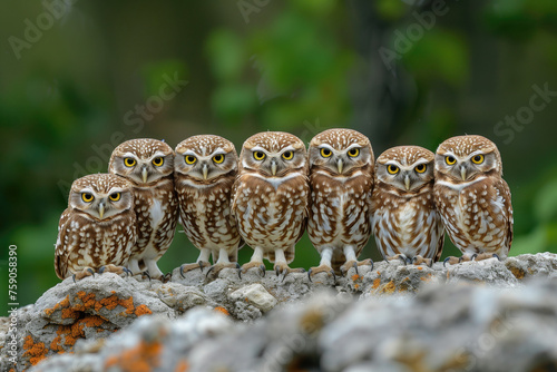 group of Burrowing owls (Athene cunicularia) in nature
