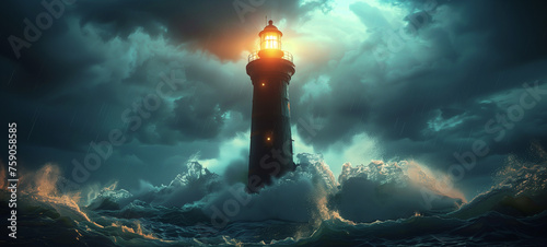A lighthouse standing tall against crashing waves, its beacon piercing through the darkness of the night