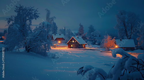 A peaceful snowy landscape with illuminated cottages under a calm winter night's sky